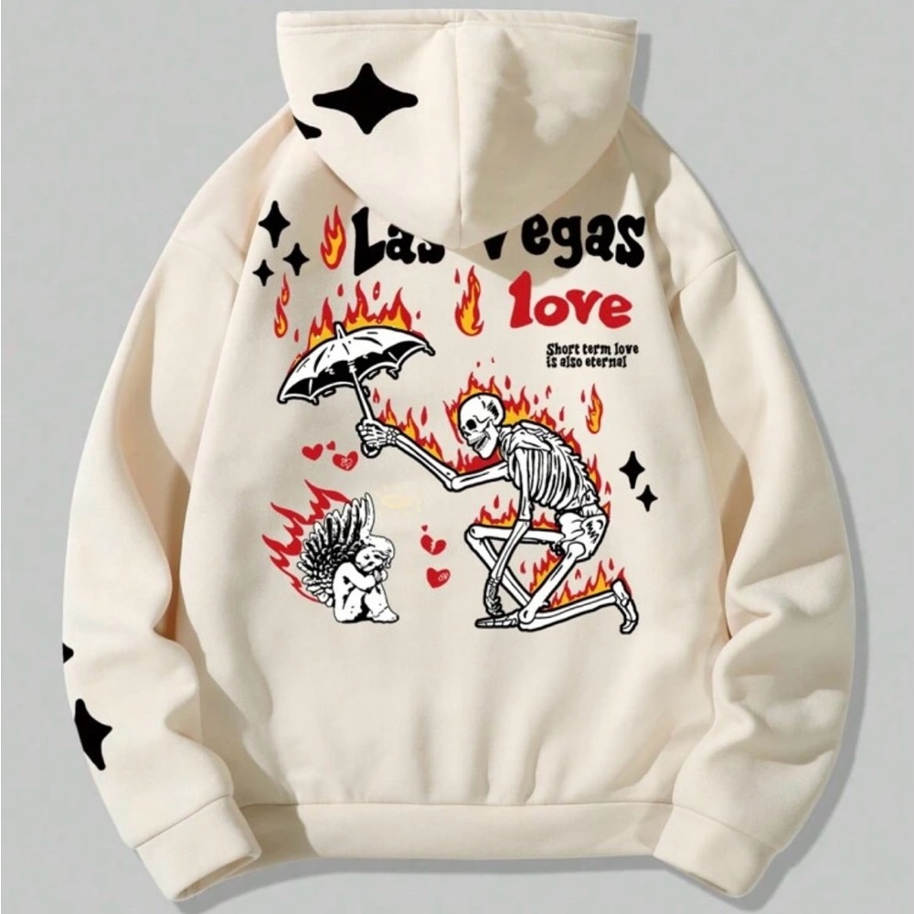 Cream Hoodie with Black and Red Graphic